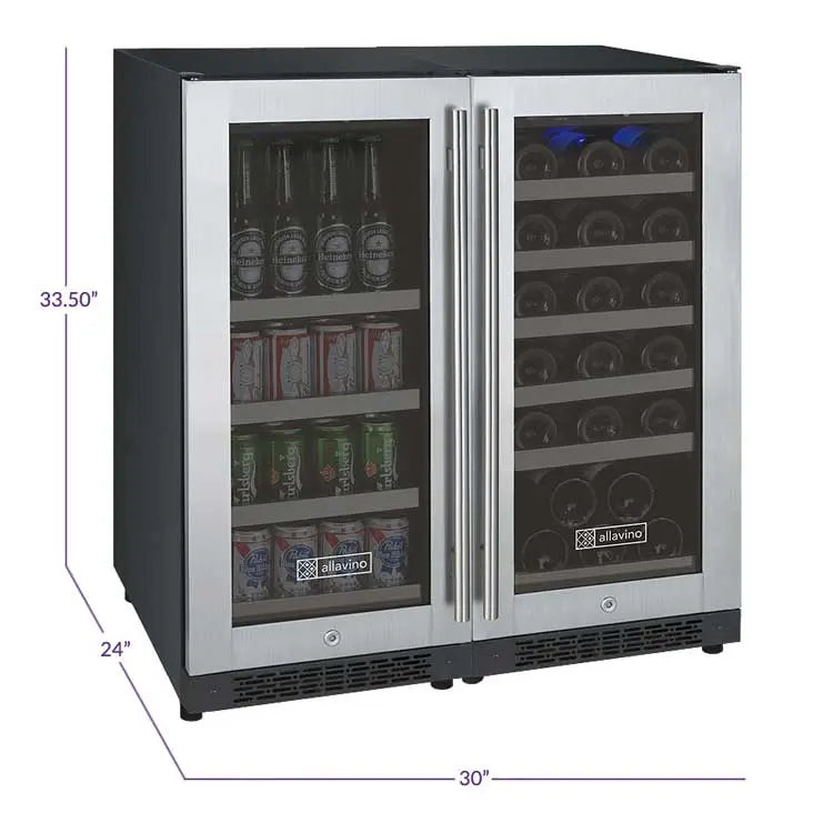 Allavino 30" Wide FlexCount II Tru-Vino 30 Bottle/88 Can Dual Zone Stainless Steel Built-In Wine Refrigerator/Beverage Center VSWB30-2SF20