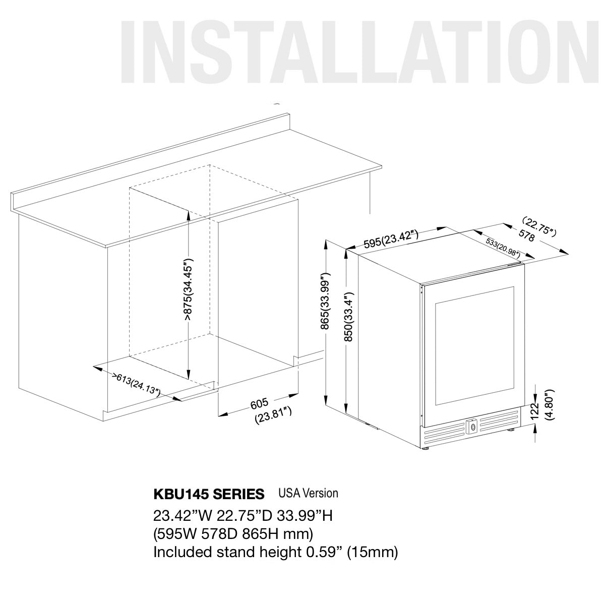 KingsBottle 24" Under Counter LOW-E Glass Door Dual Zone Wine Cooler KBU145DX