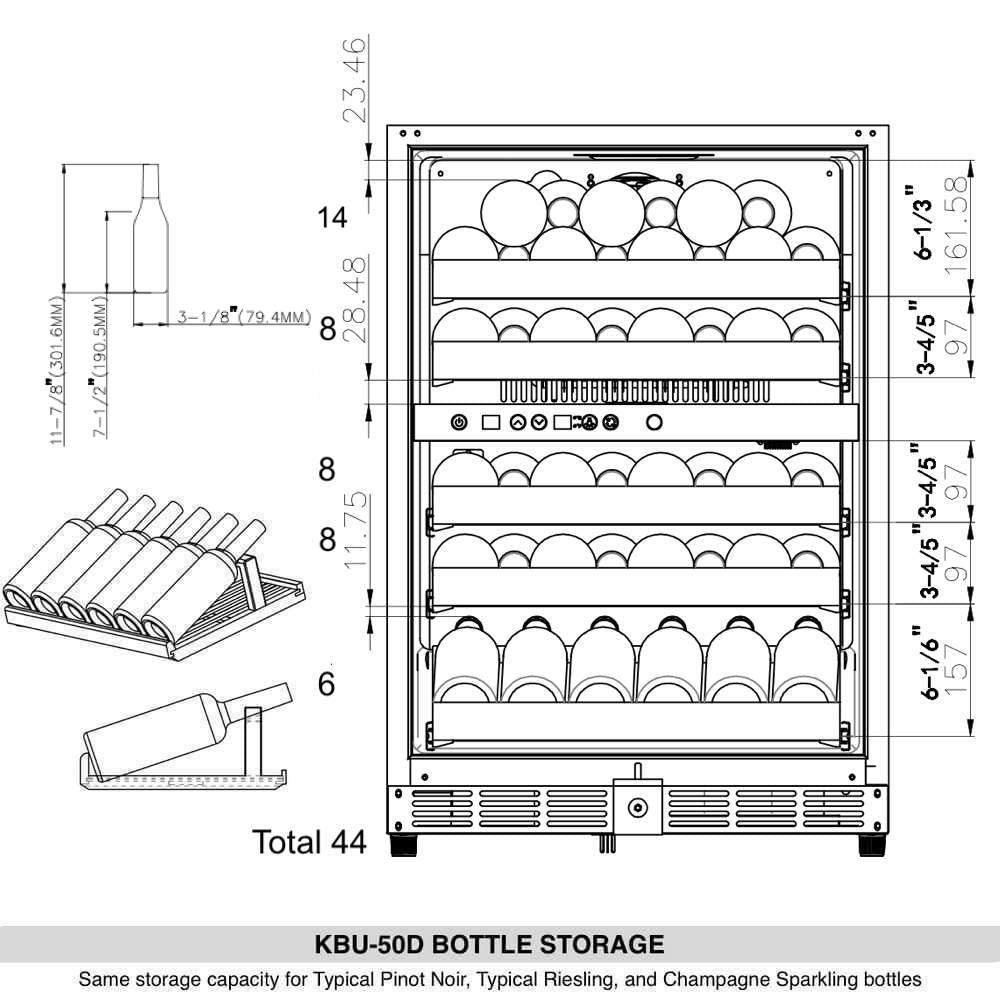 KingsBottle 44 Bottles 24 Inch Under Counter Dual Zone Wine Cooler Drinks KBU50DX